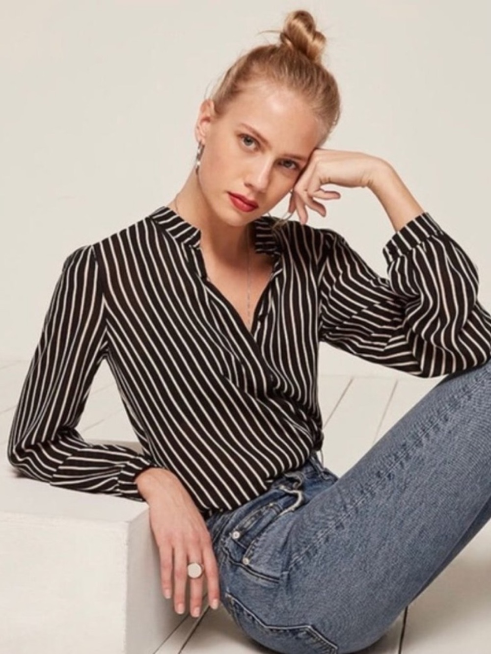 Reformation Violet Arlington Button Down Stripe Black/ White Blouse Medium